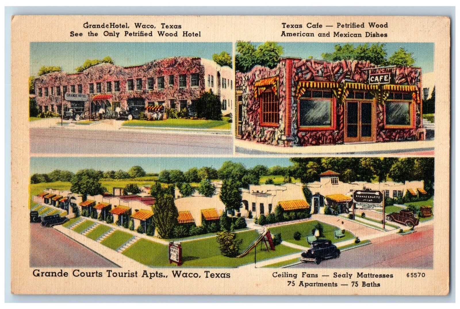 c1940 Grand Hotel & Restaurant Petrified Wood Hotel Building Waco Texas Postcard