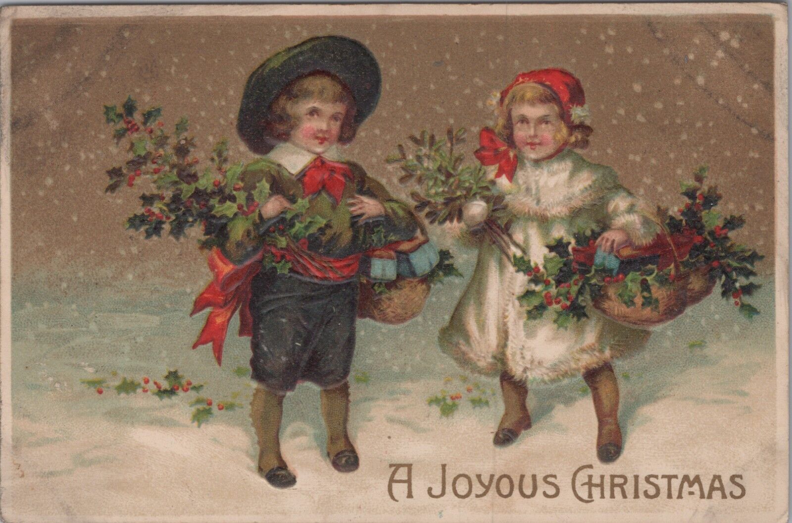 MR ALE 1910s Christmas Postcard Series Couple Carrying Holly Emboss 5735.2