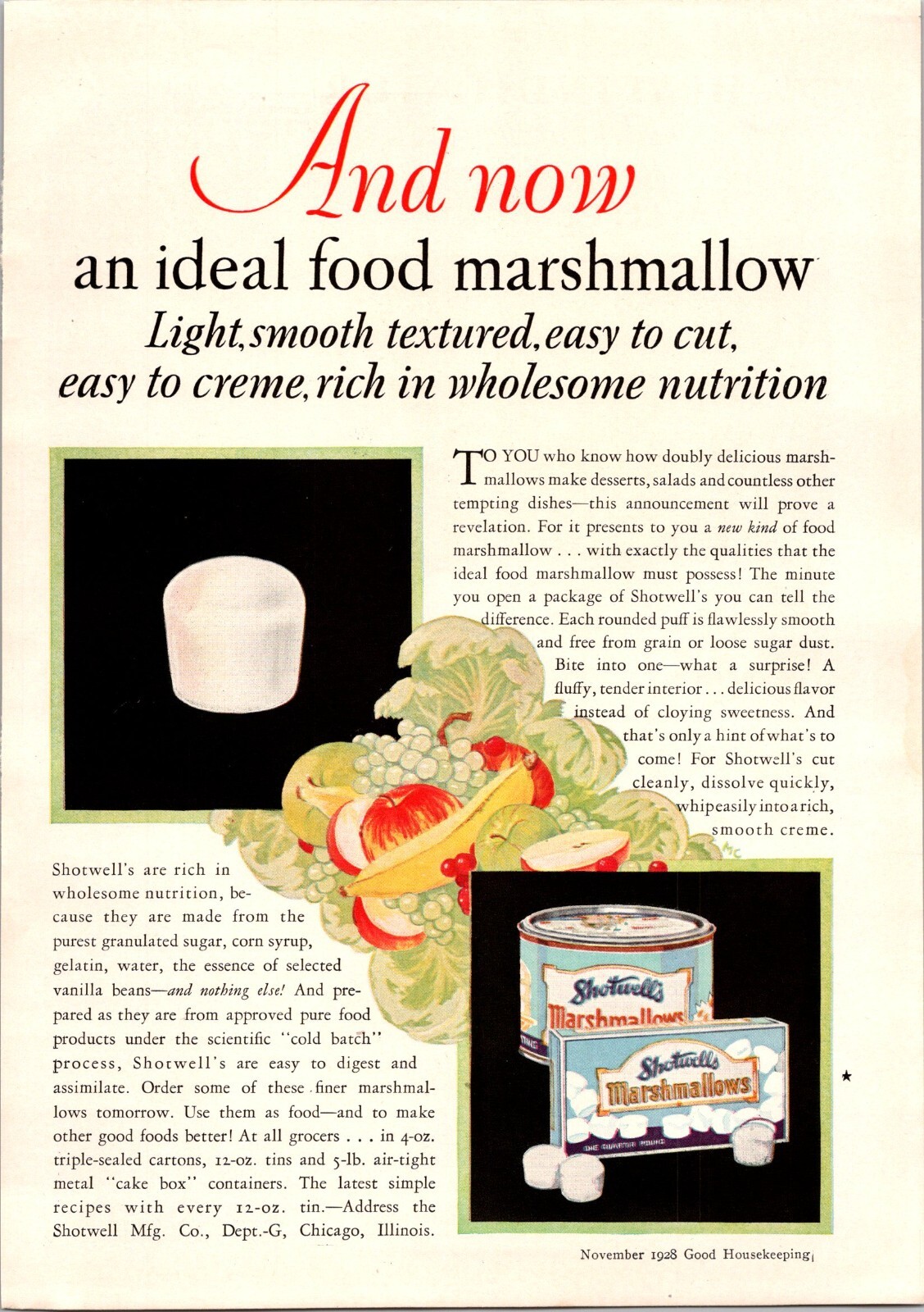 1928 Shotwell\'s Marshmallow Vintage Print Ad: \ 1928 Shotwell\'s Marshmallow Vintage Print Ad: \