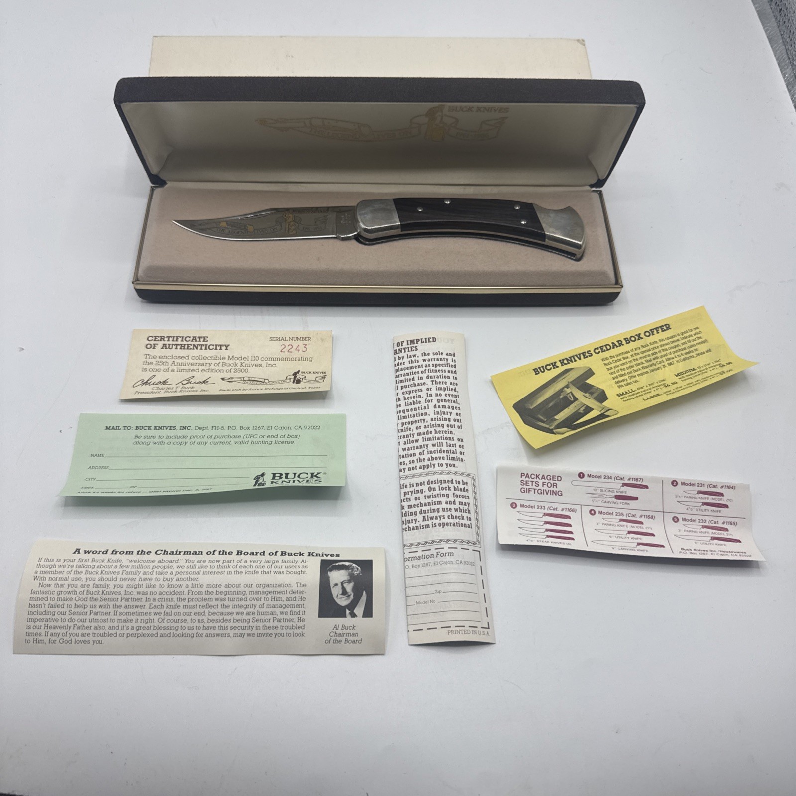 Buck 110-NK USA Vintage 25th Anniversary Commemorative Folding Hunter Knife