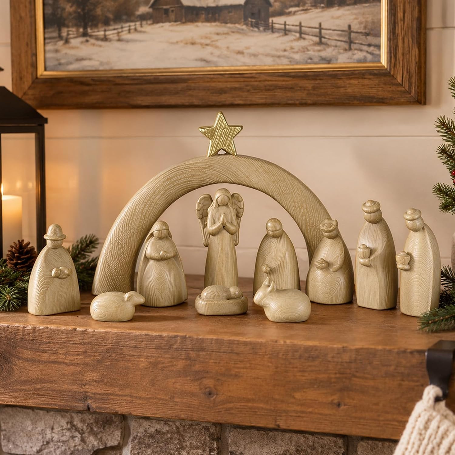 Faux Wood Grain Nativity Set, 11-Piece Resin Christmas Figurines