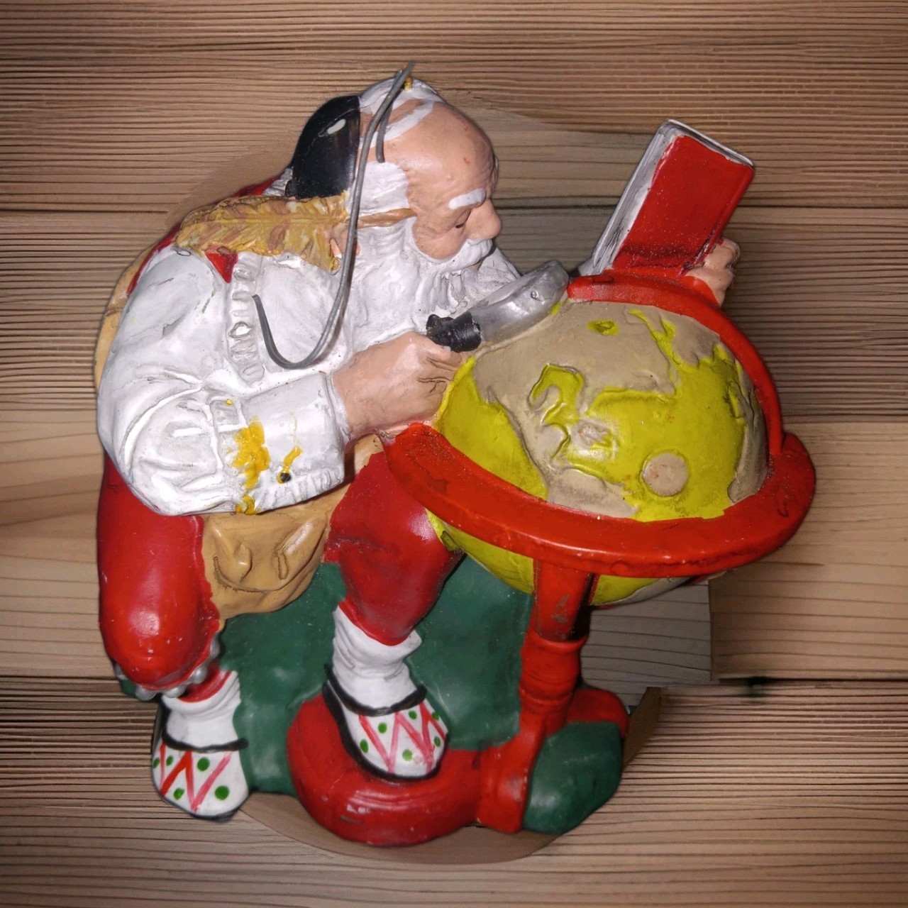 Rare Vintage Santa Claus Ornament Looking at World Globe Curtis Publishing Co