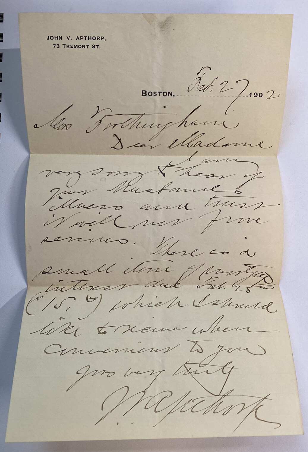 1902 letter from John V Apthorp of Boston to a widow Regarding husbands debt 1902 letter from John V Apthorp of Boston to a widow Regarding husbands debt