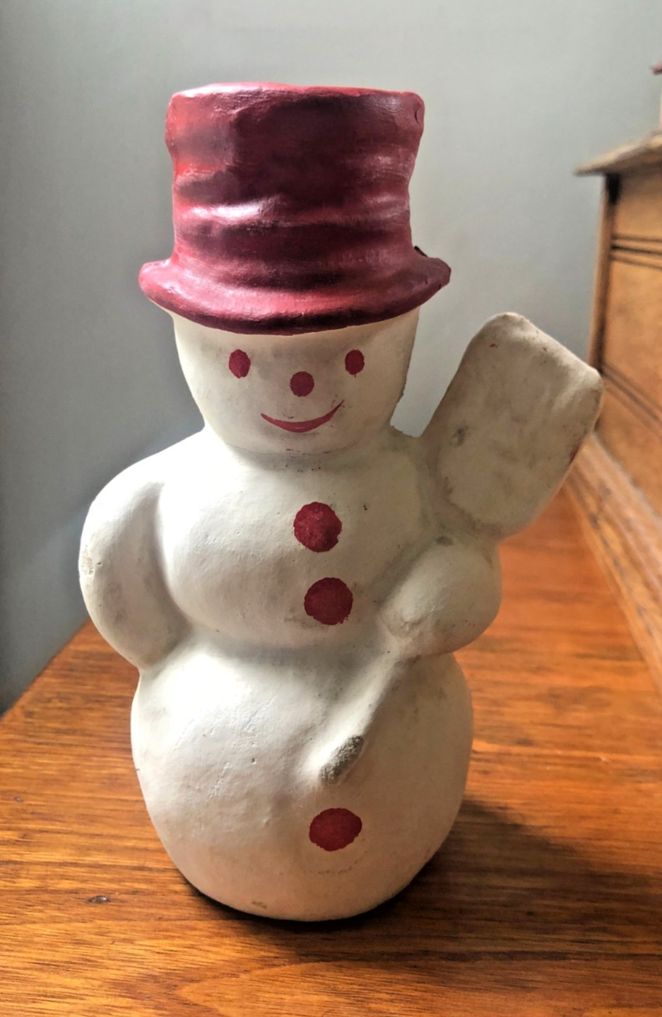 Vintage Papier Mache Snowman Candy Container with Red Hat broom 7 Vintage Papier Mache Snowman Candy Container with Red Hat broom 7
