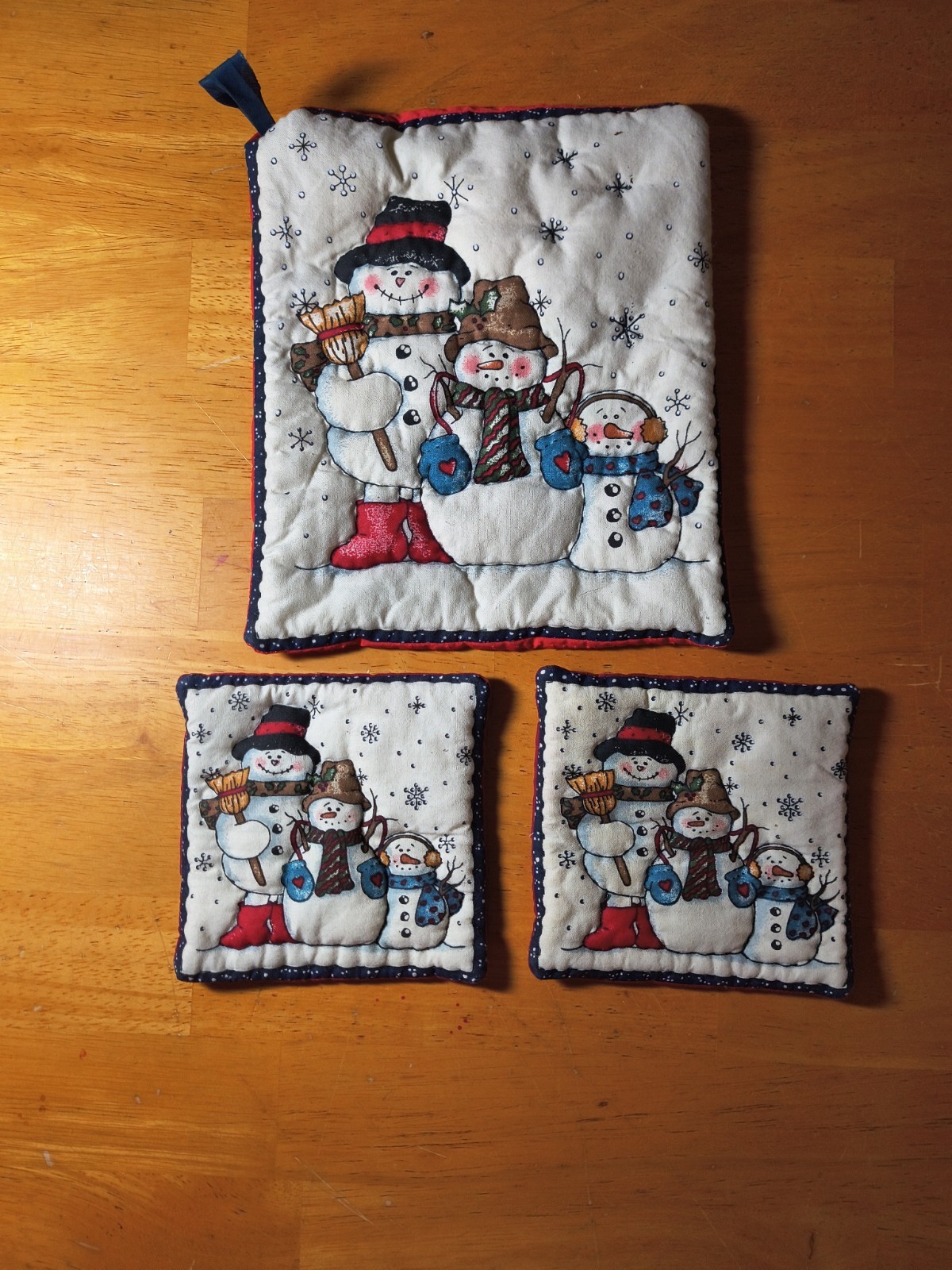 Vintage Handmade Quilted Snowman Pot Holder Coasters Set 3 Winter Christmas... Vintage Handmade Quilted Snowman Pot Holder Coasters Set 3 Winter Christmas...