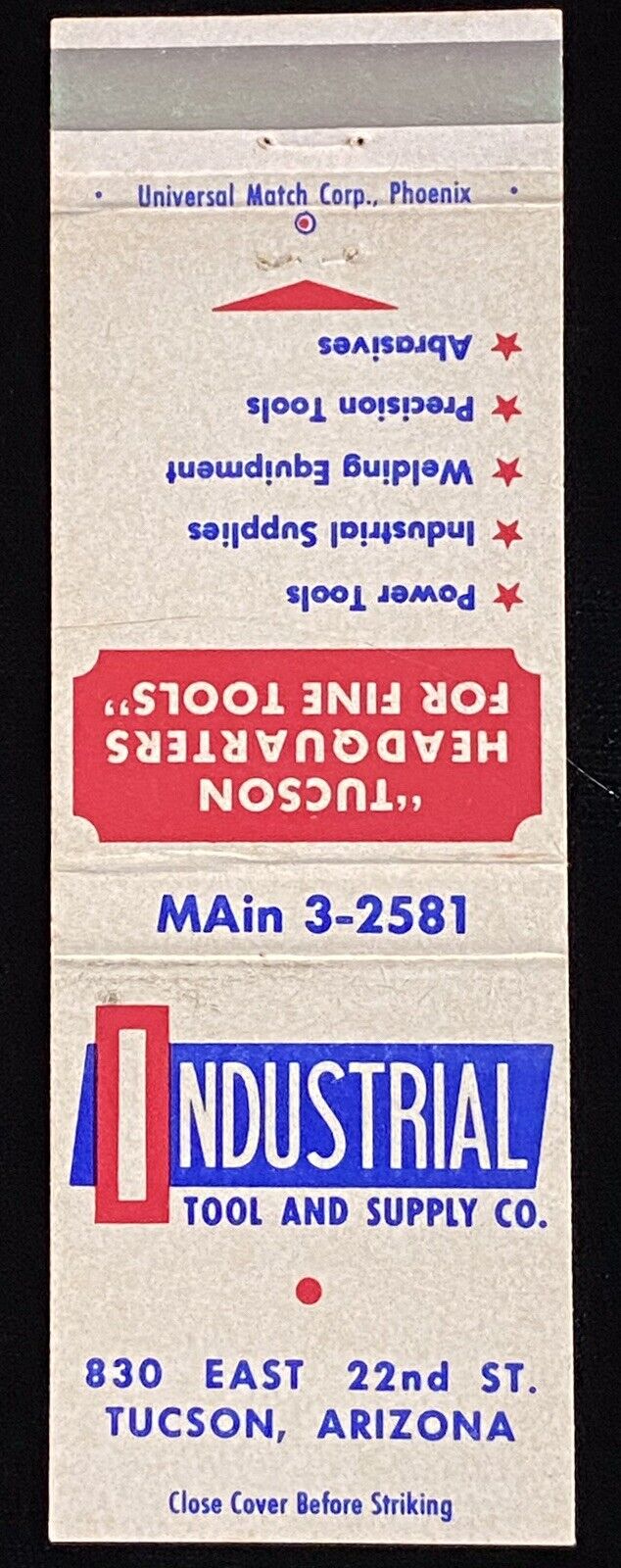 INDUSTRIAL Tool And Supply Tucson AZ Vintage Front-Strike Matchbook Cover B-2958