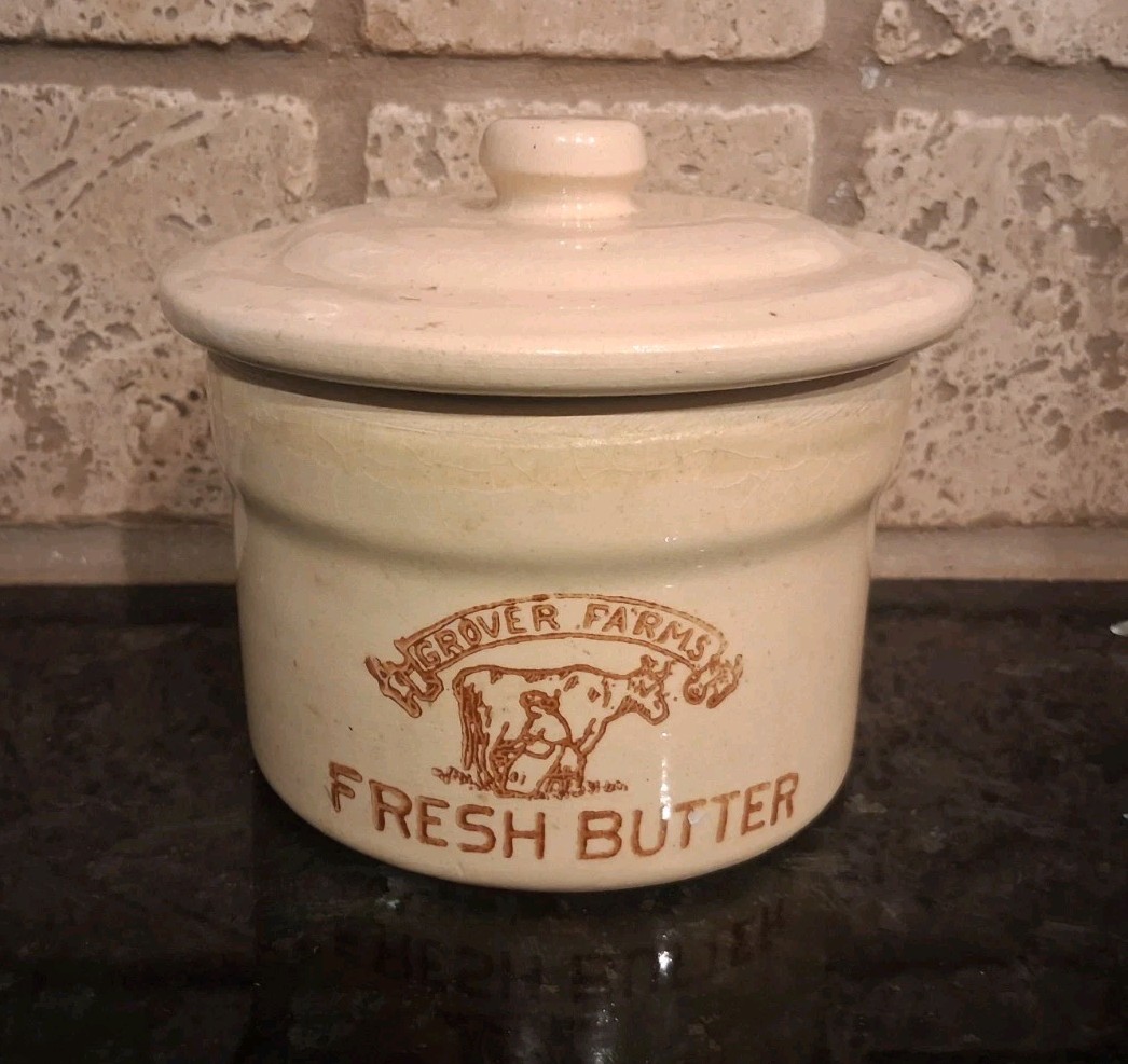 Vtg Grover Farms FRESH BUTTER Crock w/ Lid Stoneware Dairy Cow Design Dish Rare