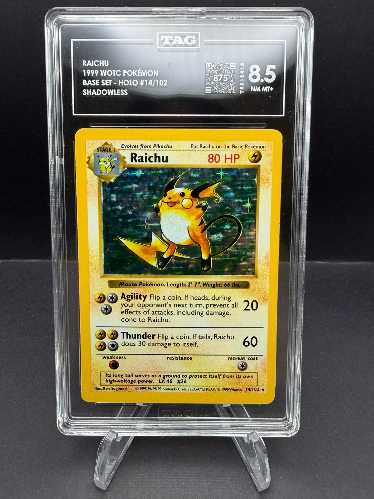 1999 POKEMON BASE SET RAICHU-HOLO SHADOWLESS GAME #14 PSA 8 - TAG 8.5 1999 POKEMON BASE SET RAICHU-HOLO SHADOWLESS GAME #14 PSA 8 - TAG 8.5