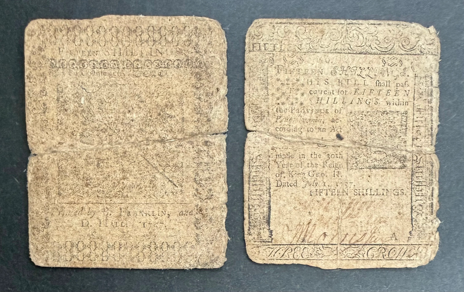 Benjamin Franklin–Printed Pennsylvania Colonial Currency, 1757 — Fifteen