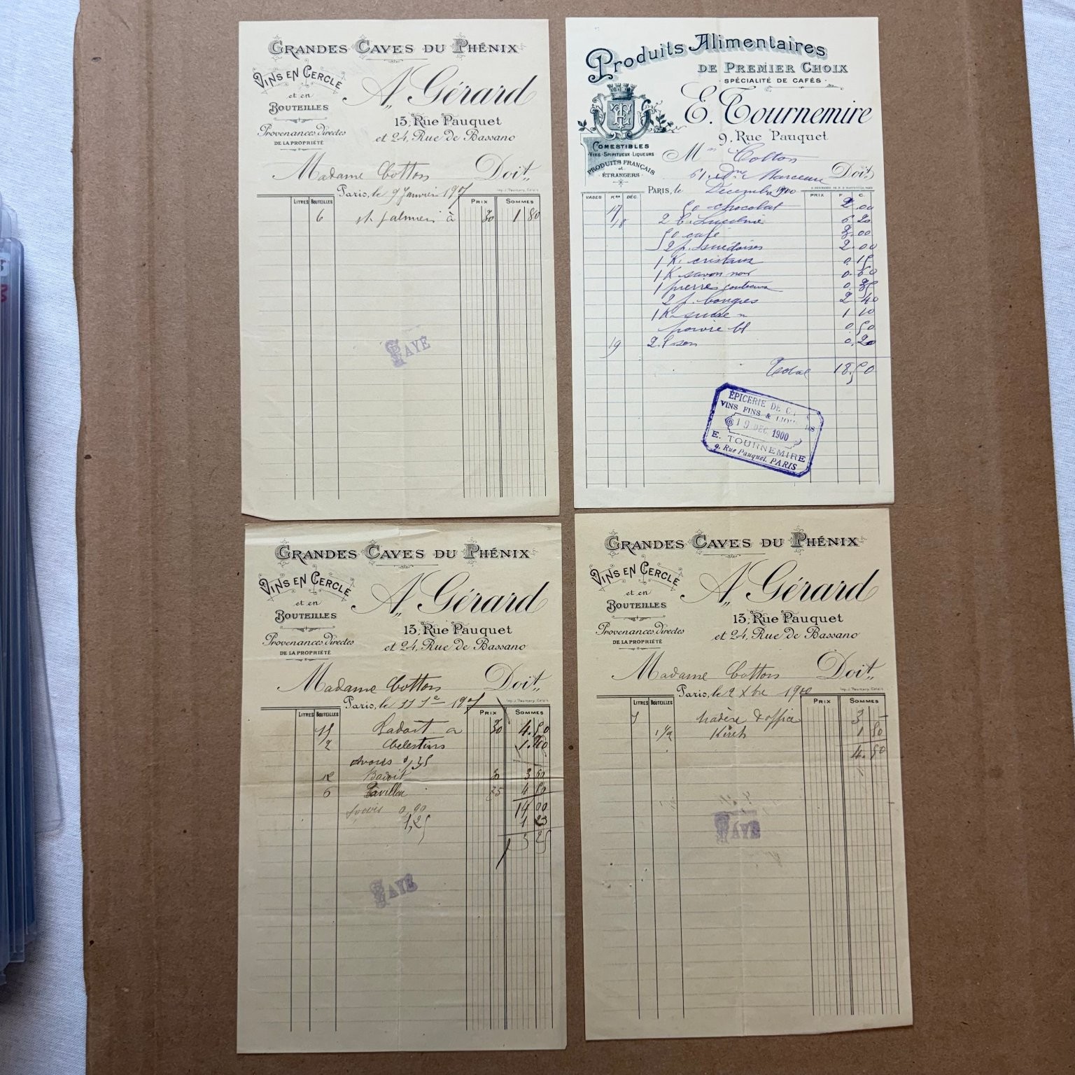 4 Antique French Invoices Paris Wine Food Merchants 1900-1901 Ephemera