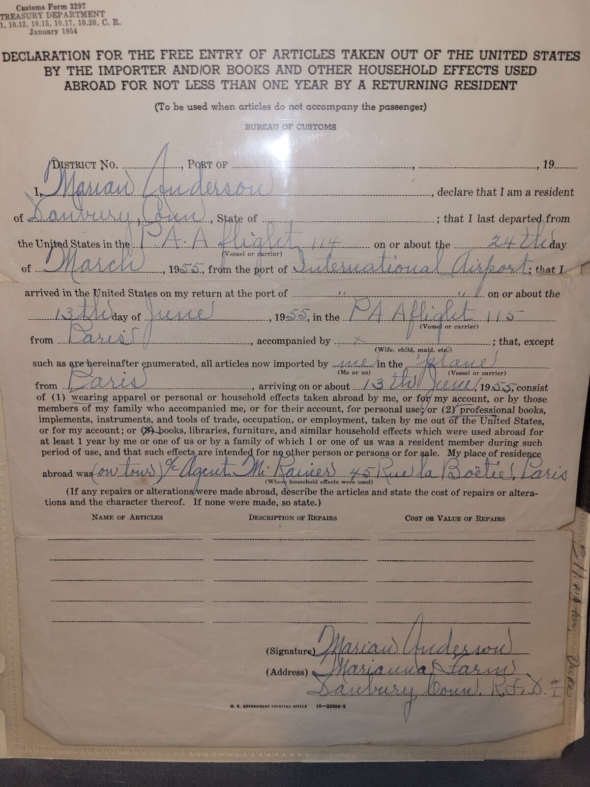 Super RARE 1955 Marian Anderson Signed US Custom Form