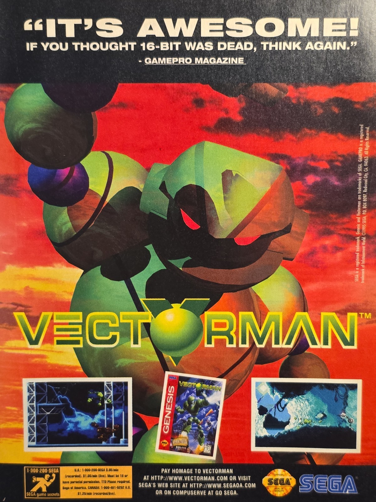 Rare Vintage Sega VectorMan Release Ad & 90% Review Magazine Lot Ephemera