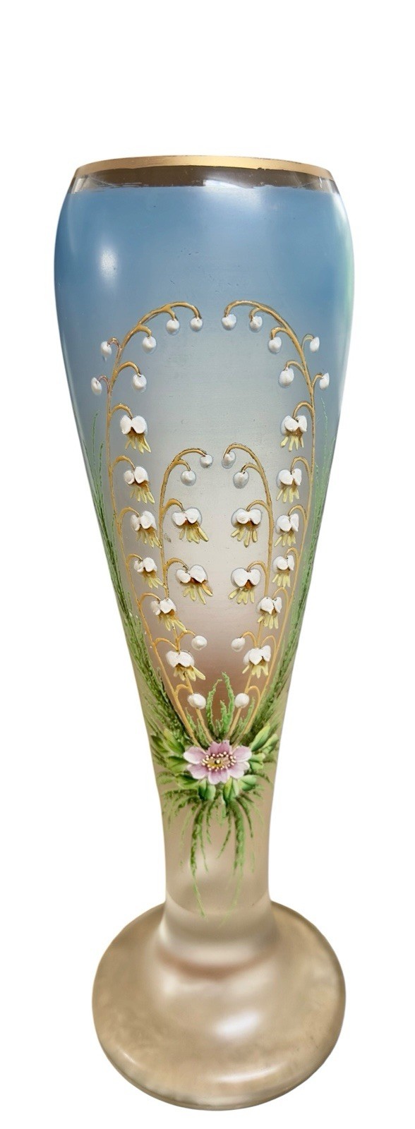 Antique Legras Mont Joye Art Nouveau Enameled Glass Lily of the Valley Vase Mint