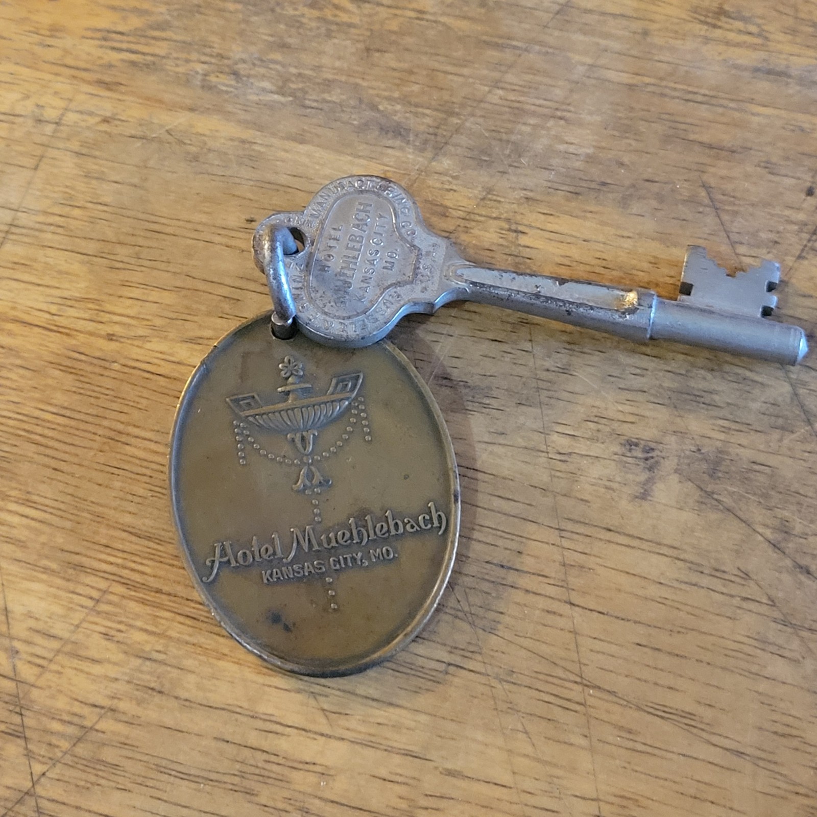 Antique Hotel Muehlebach Kansas City MO Skeleton Room Key & Fob Vtg Antique Hotel Muehlebach Kansas City MO Skeleton Room Key & Fob Vtg