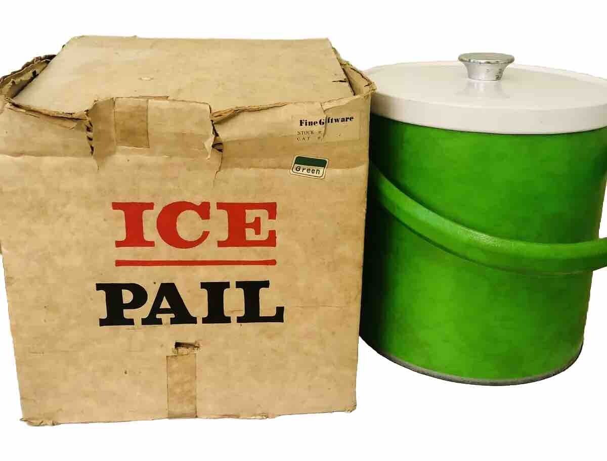 Ice Pail MCM 1970s Bucket Lid Orig Box Neon Green Textured Retro Kitchen Barware