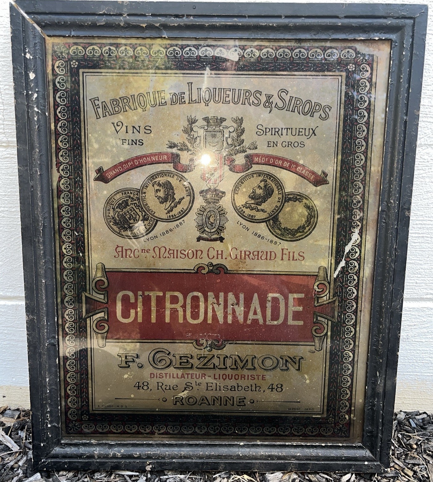 Rare 1890s French Verre Eglomise Glass Advertising Sign Citronnade Gezimon 21x17 Rare 1890s French Verre Eglomise Glass Advertising Sign Citronnade Gezimon 21x17