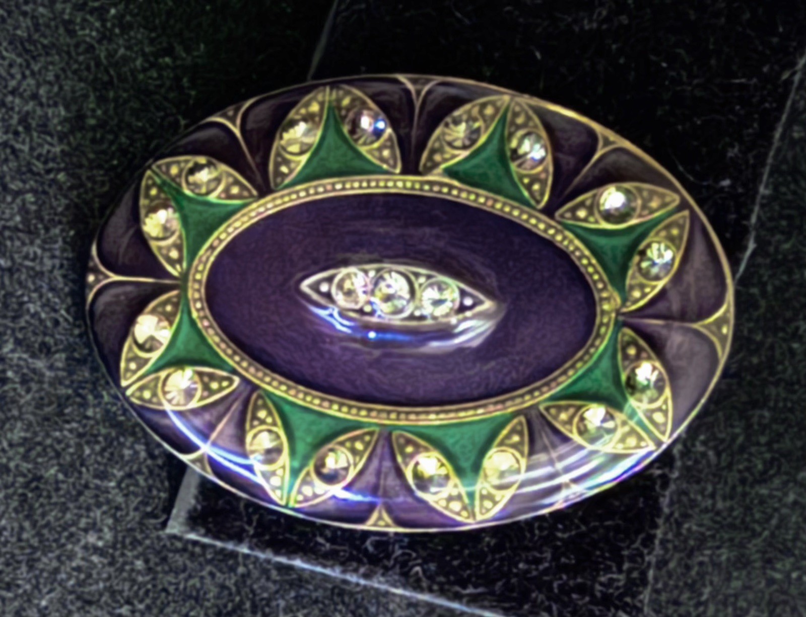 Vintage Catherine Popesco Art Deco Purple & Green Enamel Rhinestone Oval Brooch
