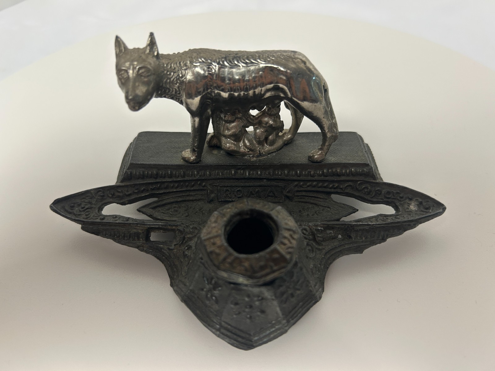 Rare Antique Pewter Capitoline She-Wolf Dual Inkwell Set - Stamped Rare Antique Pewter Capitoline She-Wolf Dual Inkwell Set - Stamped