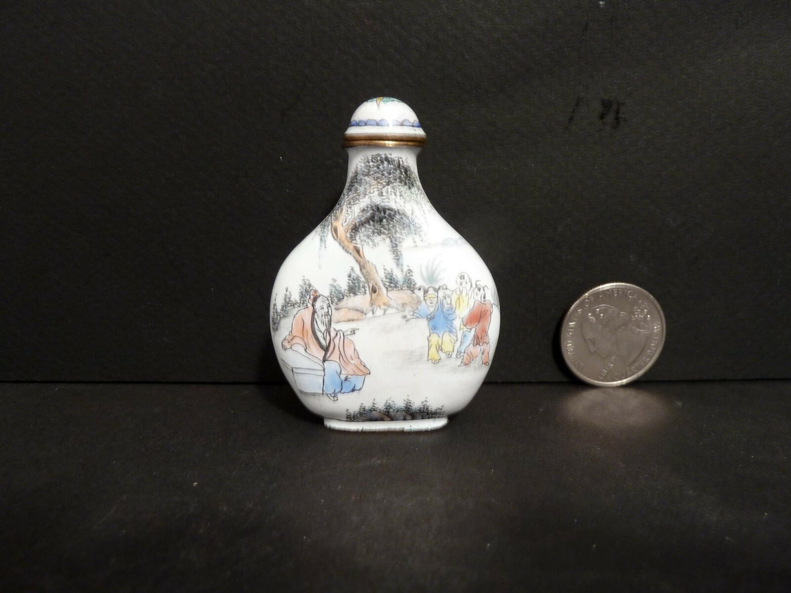 Chinese Export Cloisonne Poet & Poetry Boy Snuff Bottle 2 3/8\