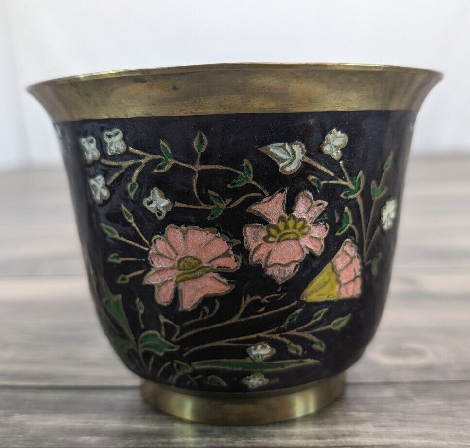 Vintage Solid Brass Enamaled Bowl Deep Red With Flowers  4” Tall  5” Wide