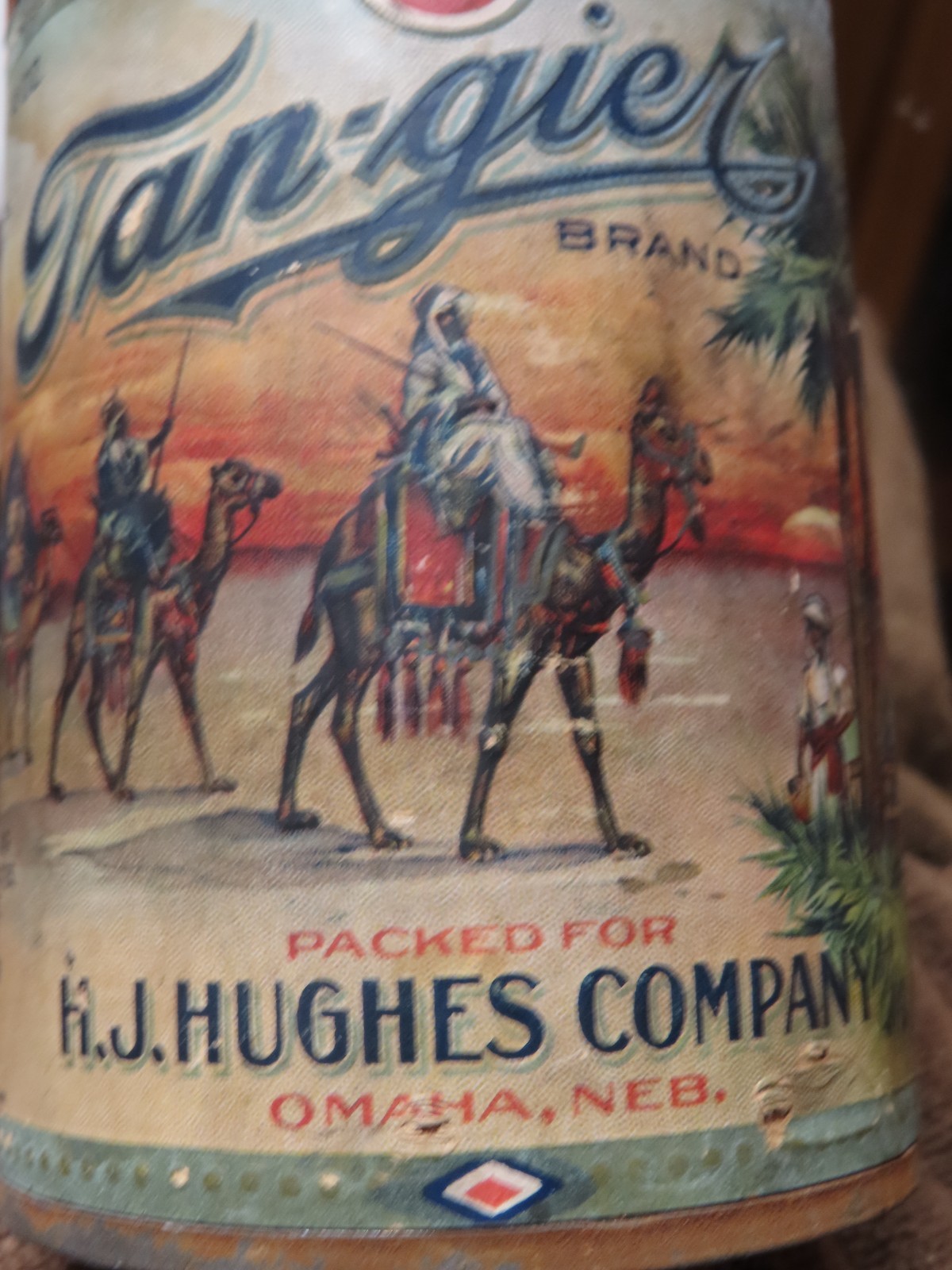 Rare Vintage Original Tangiers Paper Label on Tin Desert Camel drive scene can