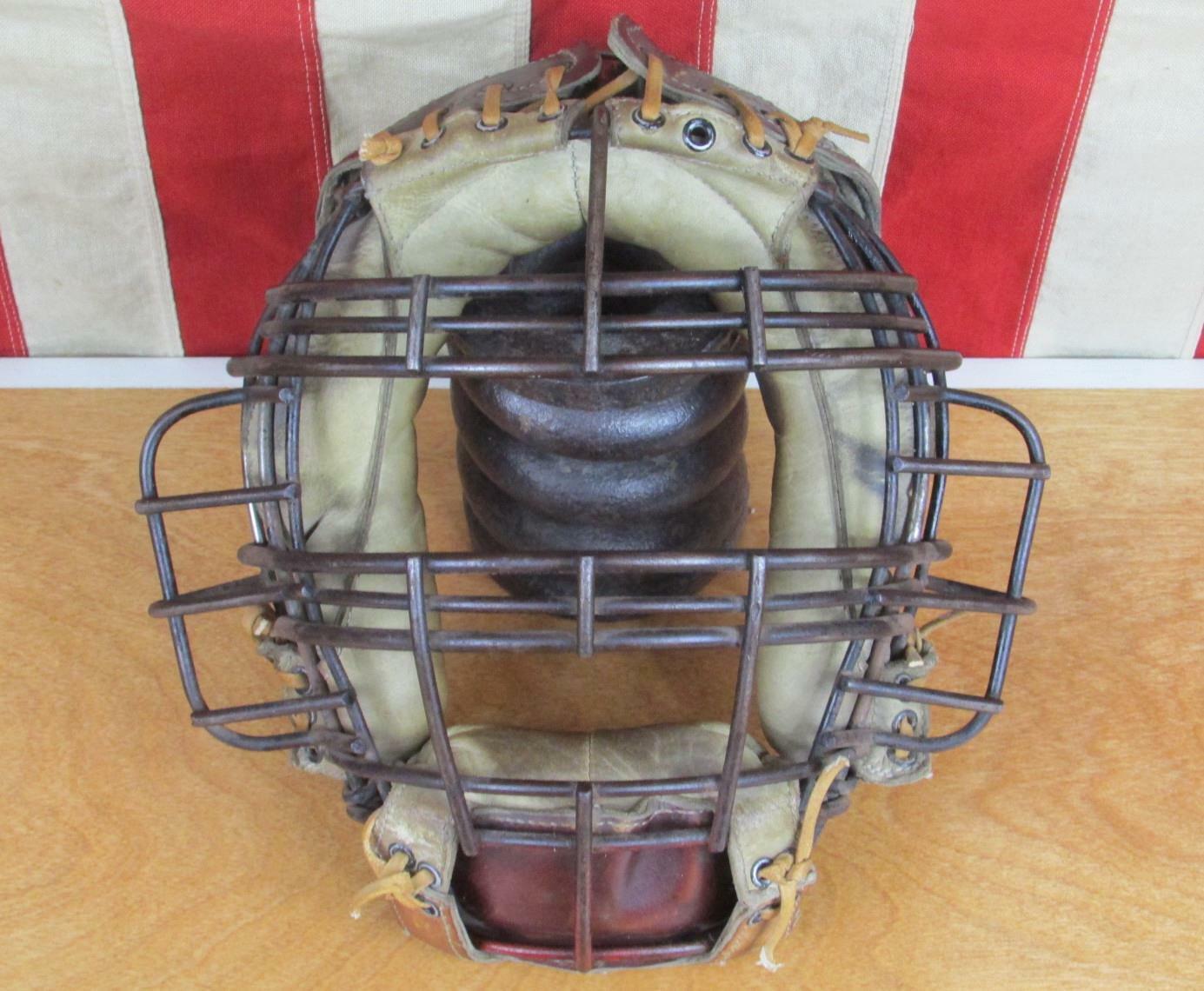 Vintage 1930s Baseball Catchers Face Mask Guard Leather Pads Metal Cage Antique