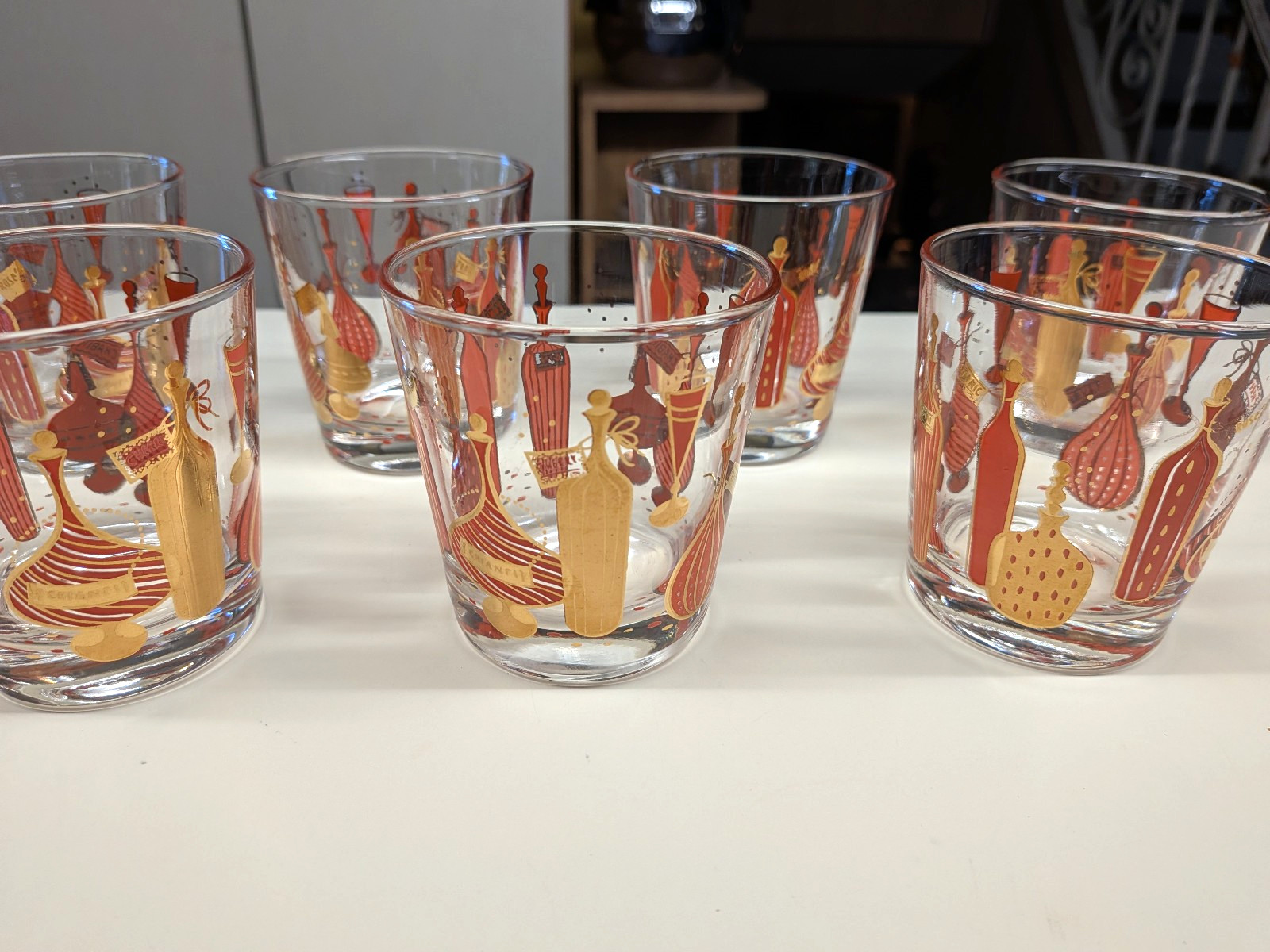 Vintage Set of 7 MCM Gay Fad Bordeaux Barware Rocks Cocktail Glasses Retro