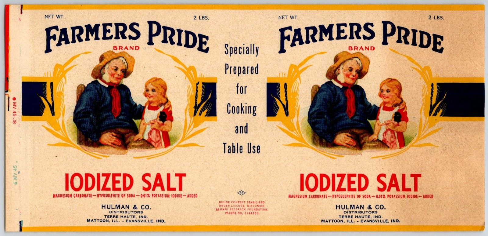 Farmer's Pride Iodized Salt Paper Label c1945 Hulman & Co. Mattoon, IL Girl Dad