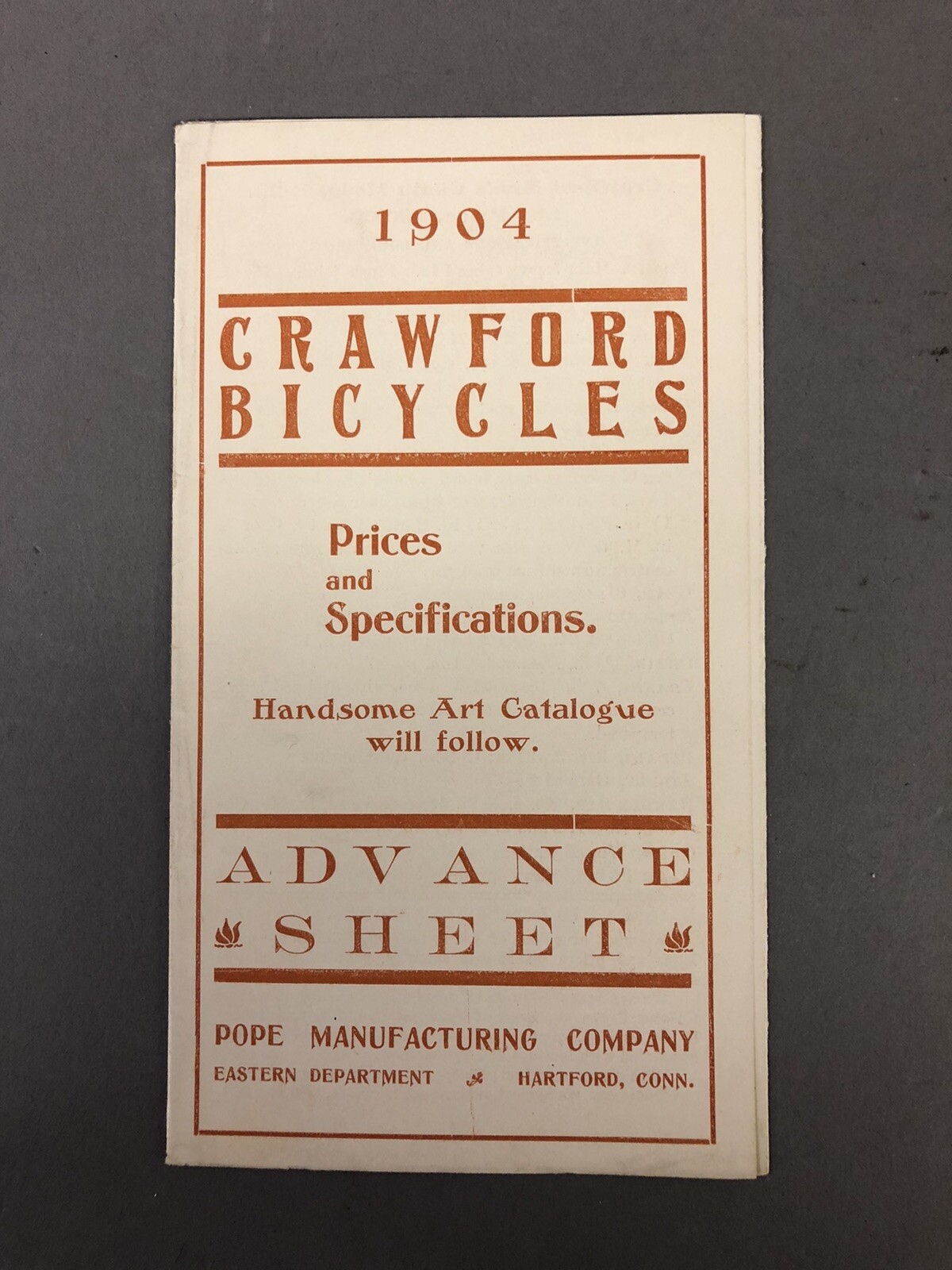 1904 Crawford Bicycles Advance Sheet Of Prices And Specifications Pamphlet