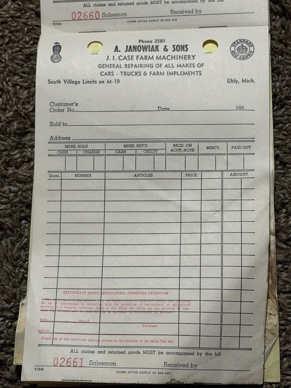 Vtg J. I. Case Red Crown Gasoline Ubly MI Dealer Sales Receipts (19 Total) Vtg J. I. Case Red Crown Gasoline Ubly MI Dealer Sales Receipts (19 Total)