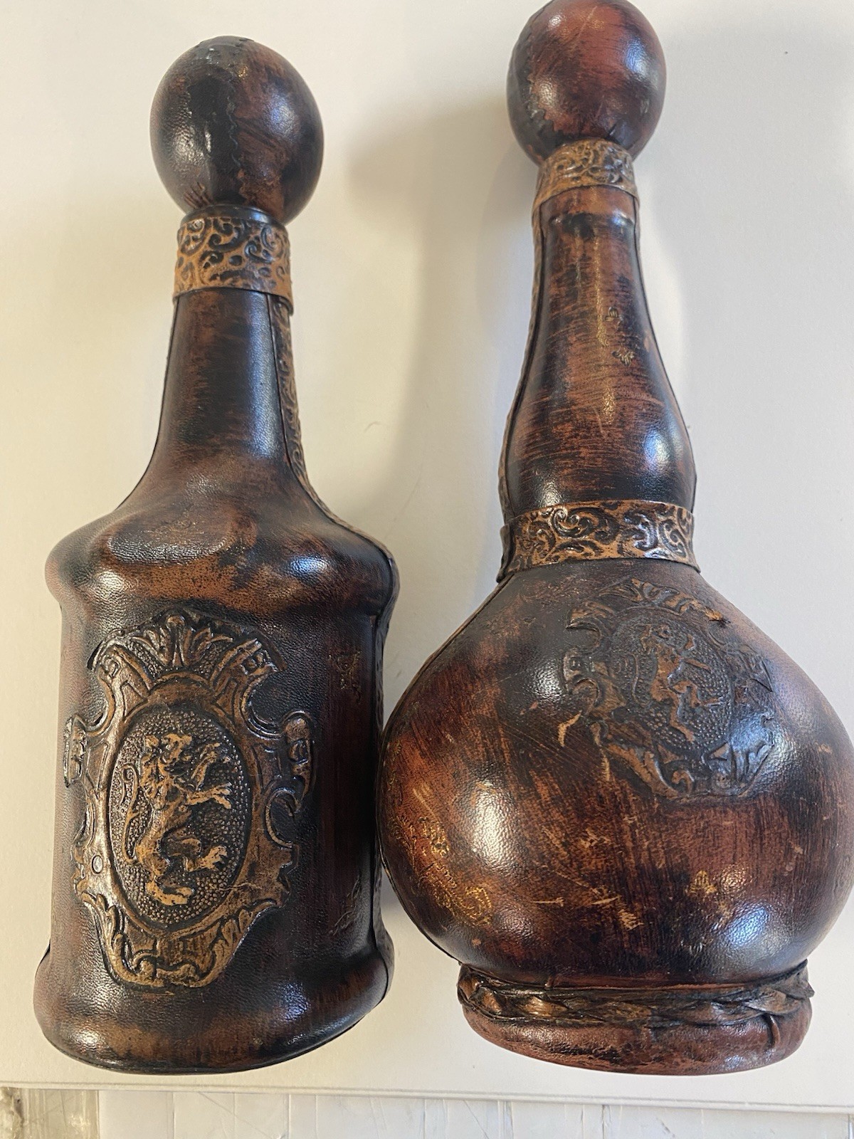 Vintage Leather Wrapped Decanter Bottle Made in Italy Lioncrest Emblem Lot Of 2