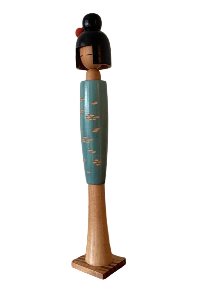 Vintage Isamu Yamakawa Kokeshi Doll 29.5cm Modern Blue Green Wood Base
