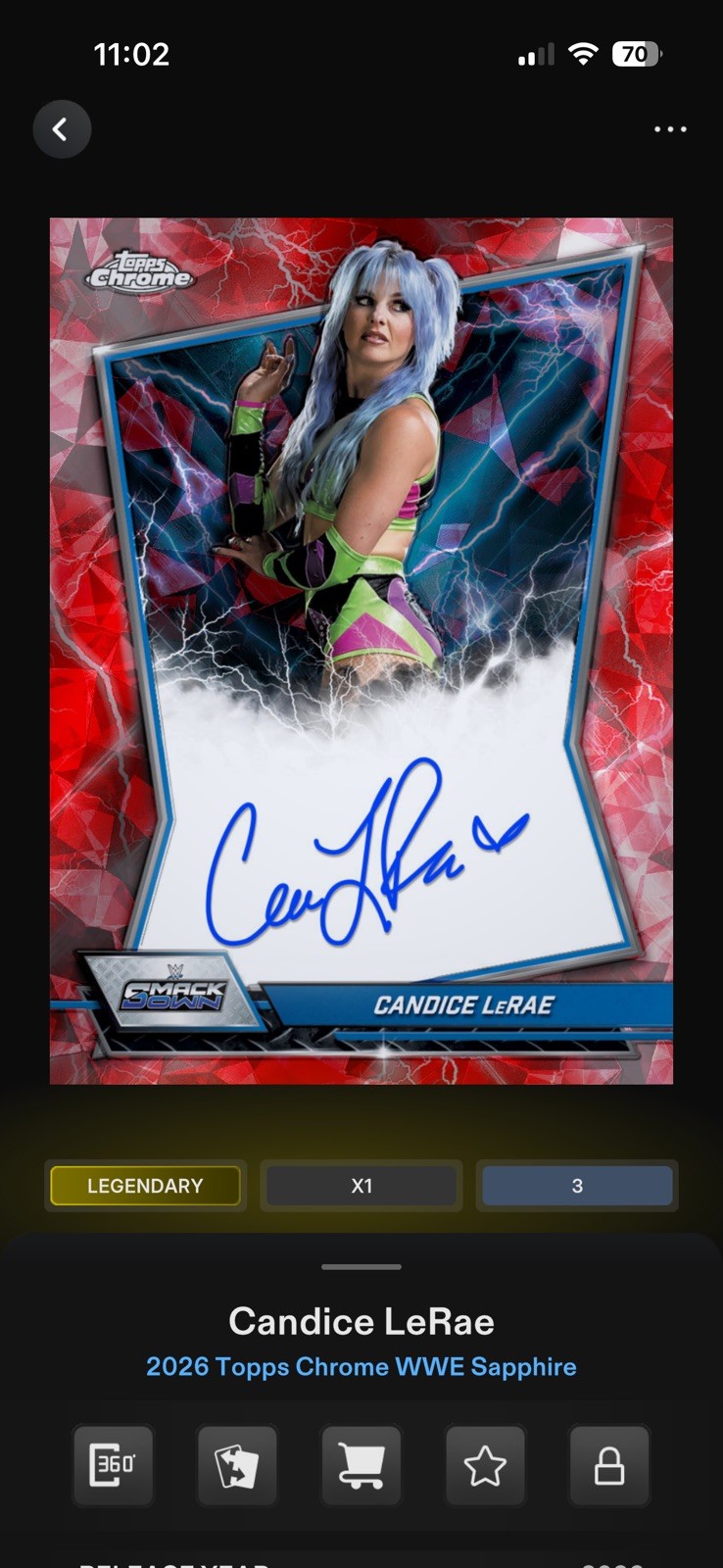 Topps WWE Slam 2026 Chrome Sapphire Red Blue Band Signature Candice LaRae /5 Topps WWE Slam 2026 Chrome Sapphire Red Blue Band Signature Candice LaRae /5