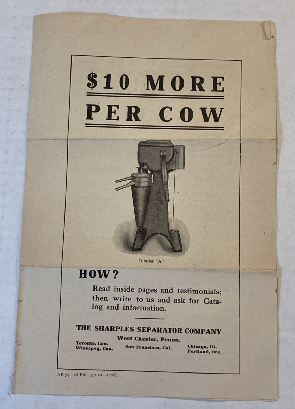 1910 The Sharples Separator Company Creamery Milk Advertising Brochure 1910 The Sharples Separator Company Creamery Milk Advertising Brochure