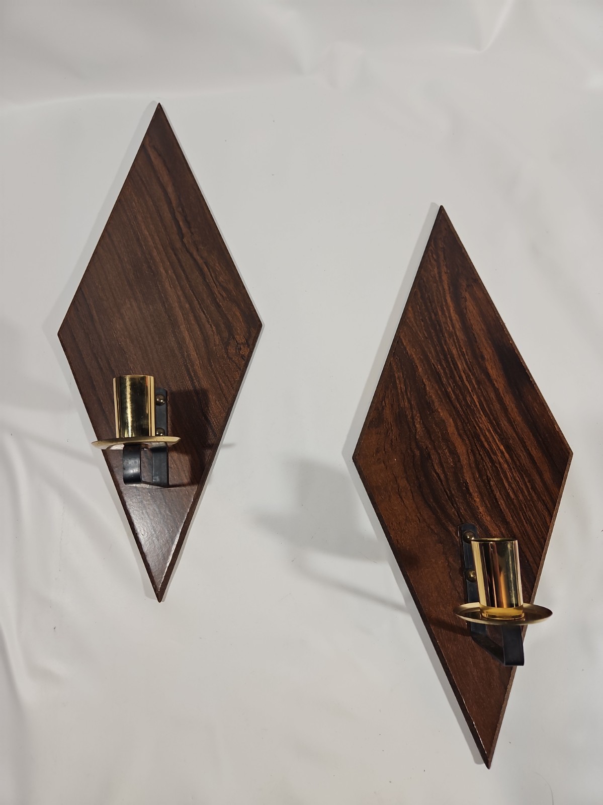 Vtg MCM Wall Sconces Pair Brass Tone Candle Holders Atomic Diamond Wood Panels