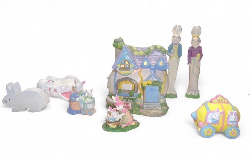 Vintage 90s Porcelain Easter Village 8-Piece Set Lighted Egg House Bunny Figures