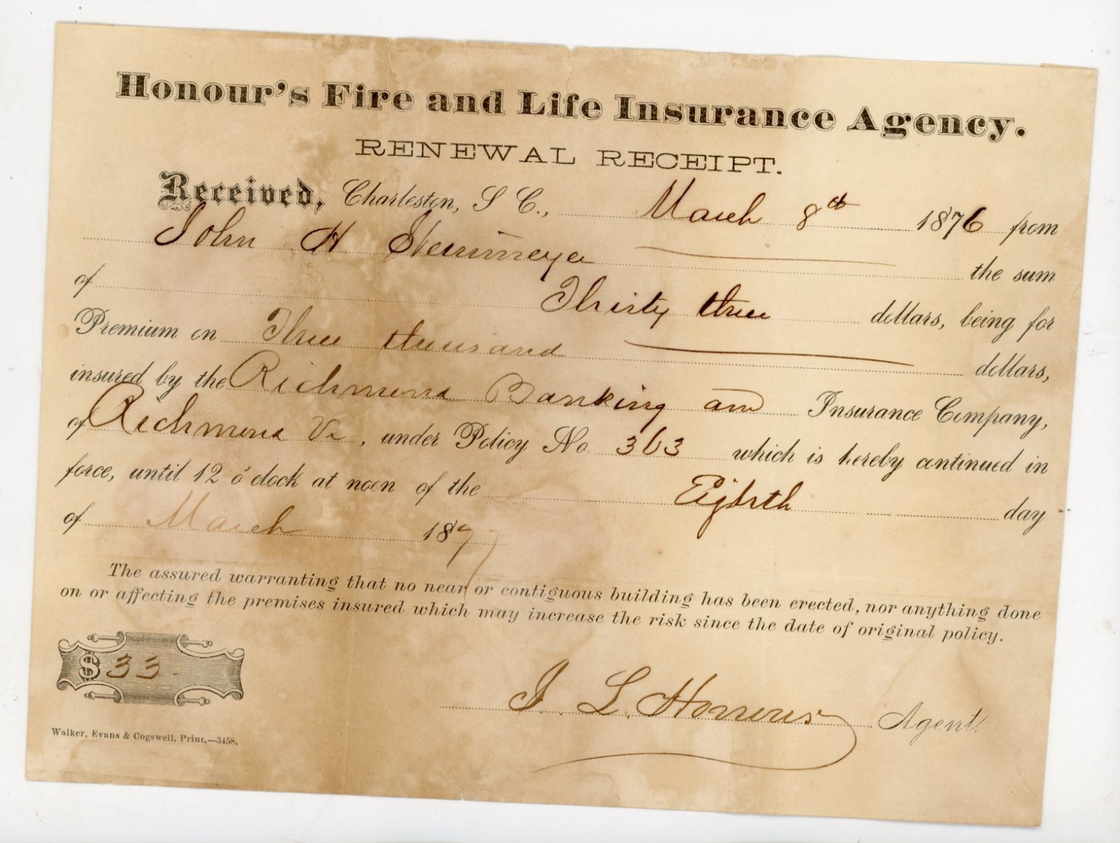 1876 Antique Insurance Receipt Charleston SC Richmond Banking Fire Ephemera Docu