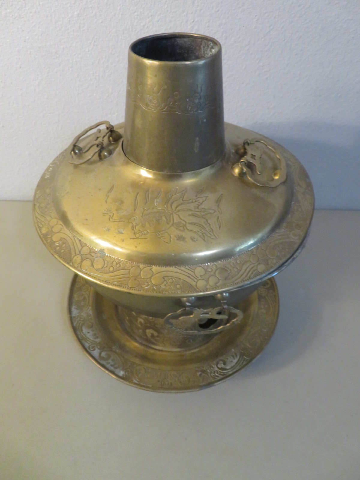 Vintage Brass Hot Pot Cooker with Lid and Handles Koi Fish Motif 5 Piece Vintage Brass Hot Pot Cooker with Lid and Handles Koi Fish Motif 5 Piece