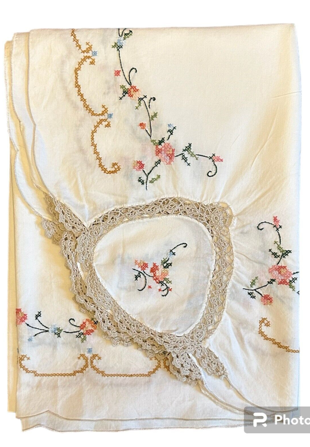 Vintage Victorian Floral Cross Stitched White Cotton Rectangular Tablecloth