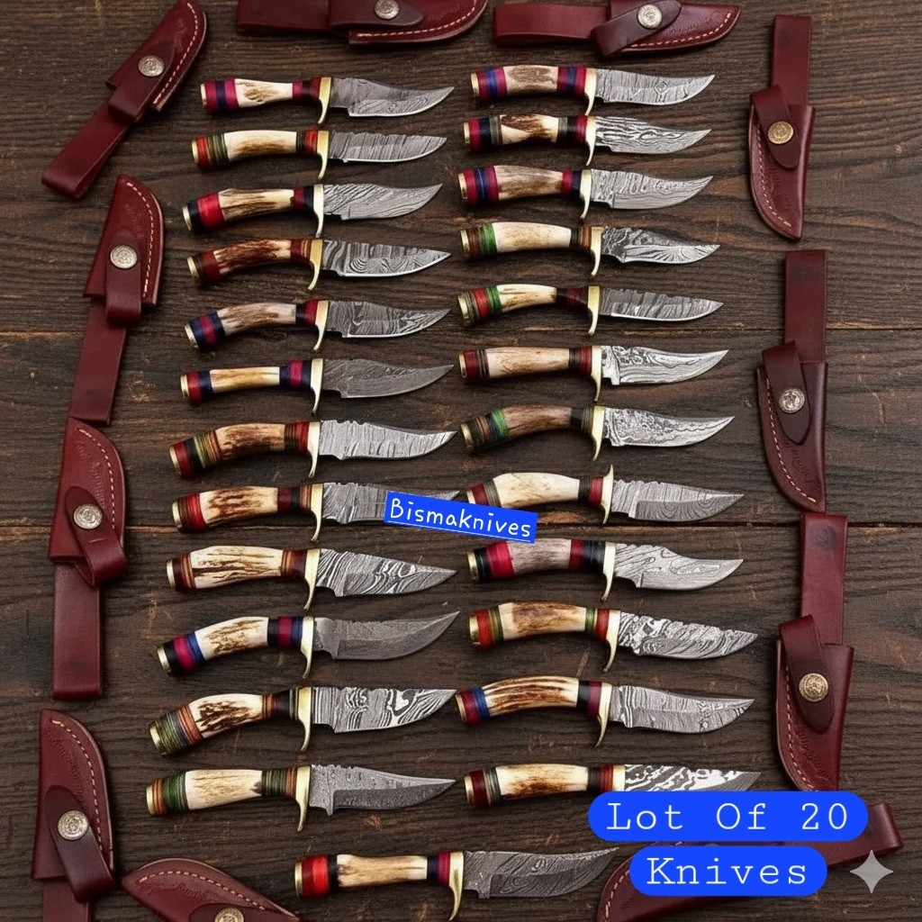 Lot of 20 Custom Handmade Damascus Steel Knives with STAG HORN Handle W Sheath Lot of 20 Custom Handmade Damascus Steel Knives with STAG HORN Handle W Sheath