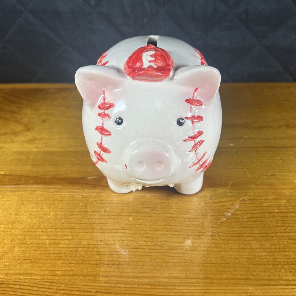Vtg Baseball Pig Piggy Bank Large White Resin Money Coin Bank Red White Blue