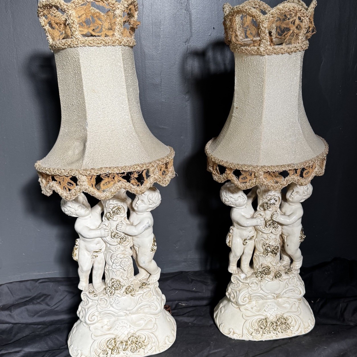 Matching Pair Of Cherub Putti Table Lamps Vintage Antique Victorian Style
