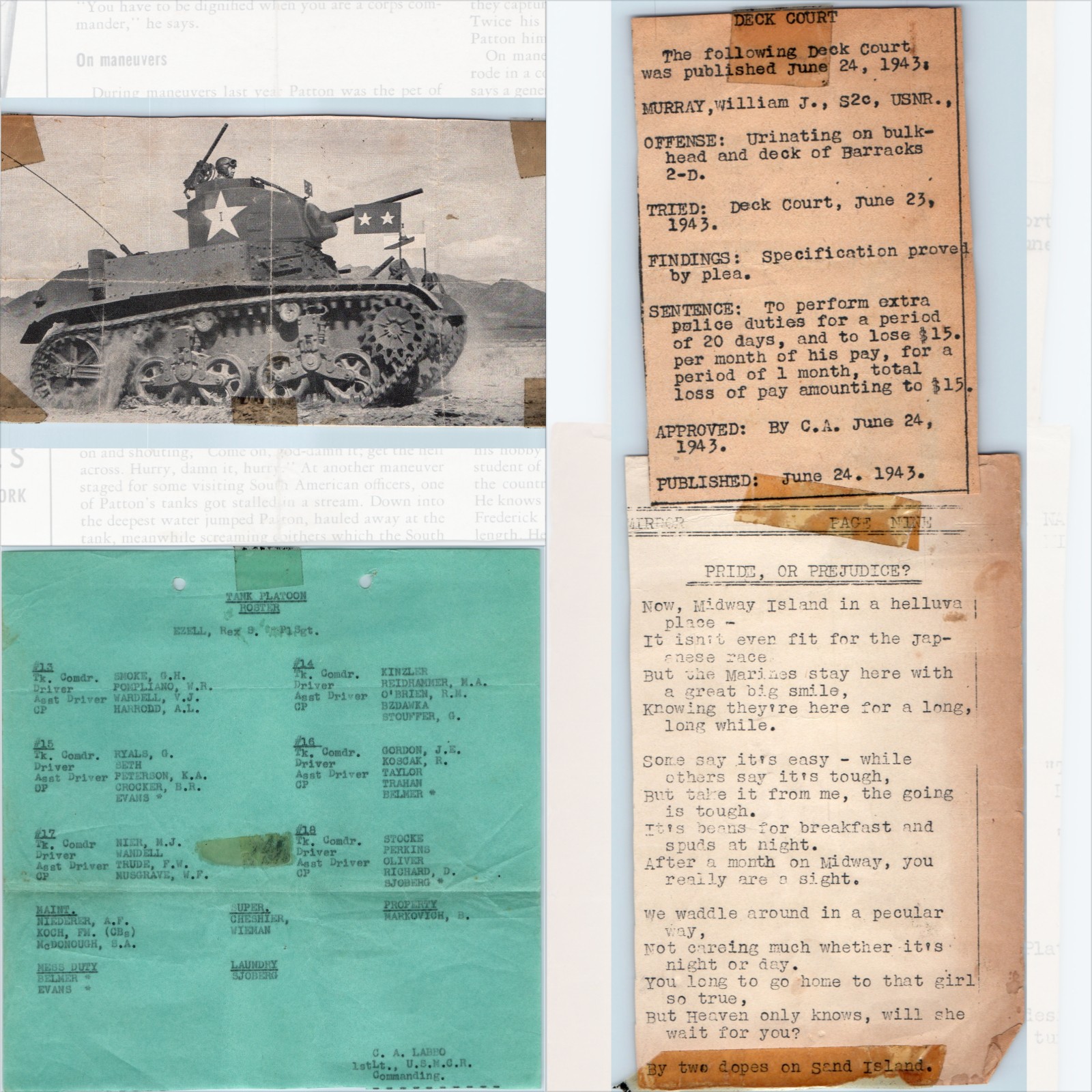 x3 LOT 1943 WWII USMC Tank Platoon Roster Midway Island Poem Patton M3 Clipping x3 LOT 1943 WWII USMC Tank Platoon Roster Midway Island Poem Patton M3 Clipping
