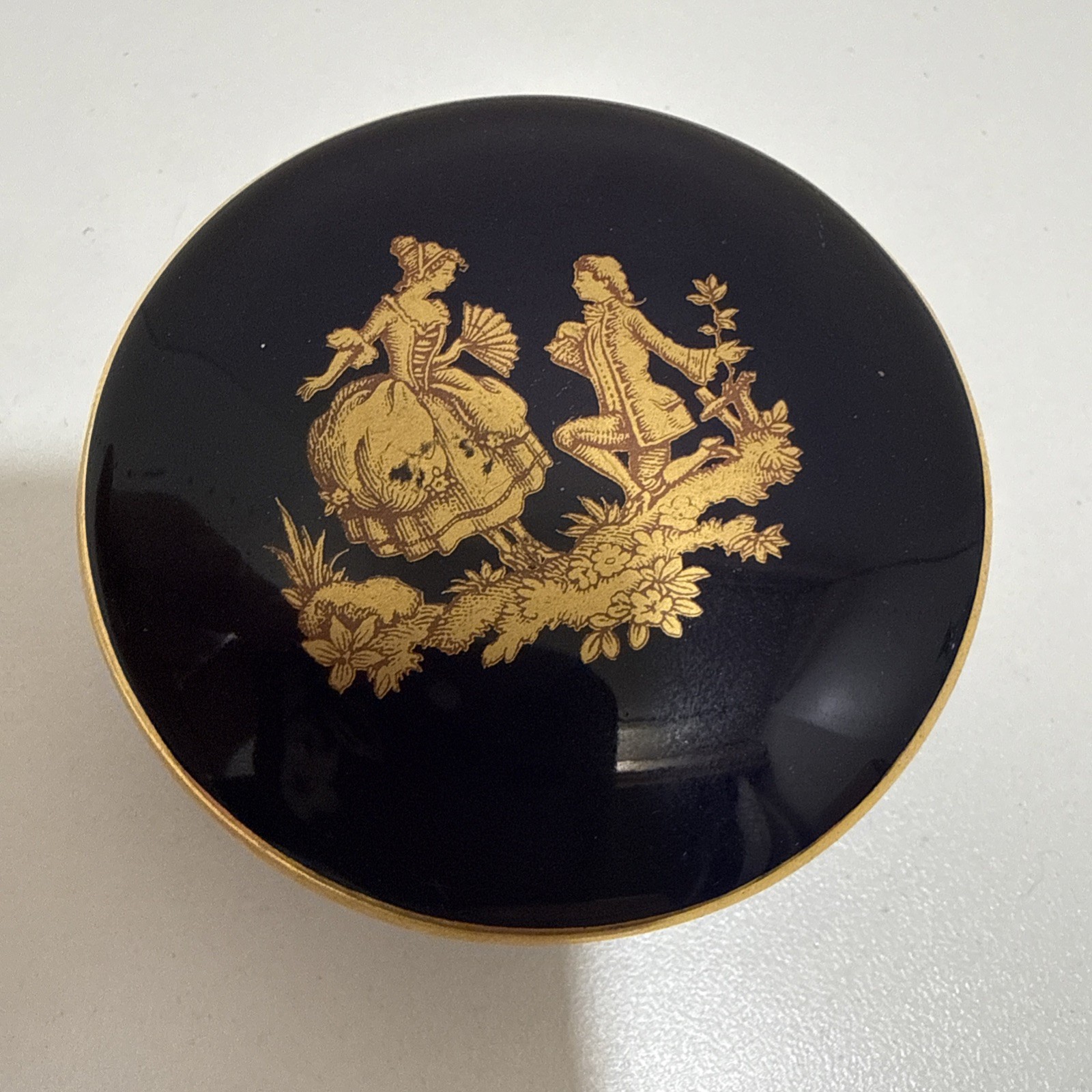 Vintage Limoges France Cobalt Blue Porcelain Trinket Box Gold Scene 2.5” 24k Vintage Limoges France Cobalt Blue Porcelain Trinket Box Gold Scene 2.5” 24k