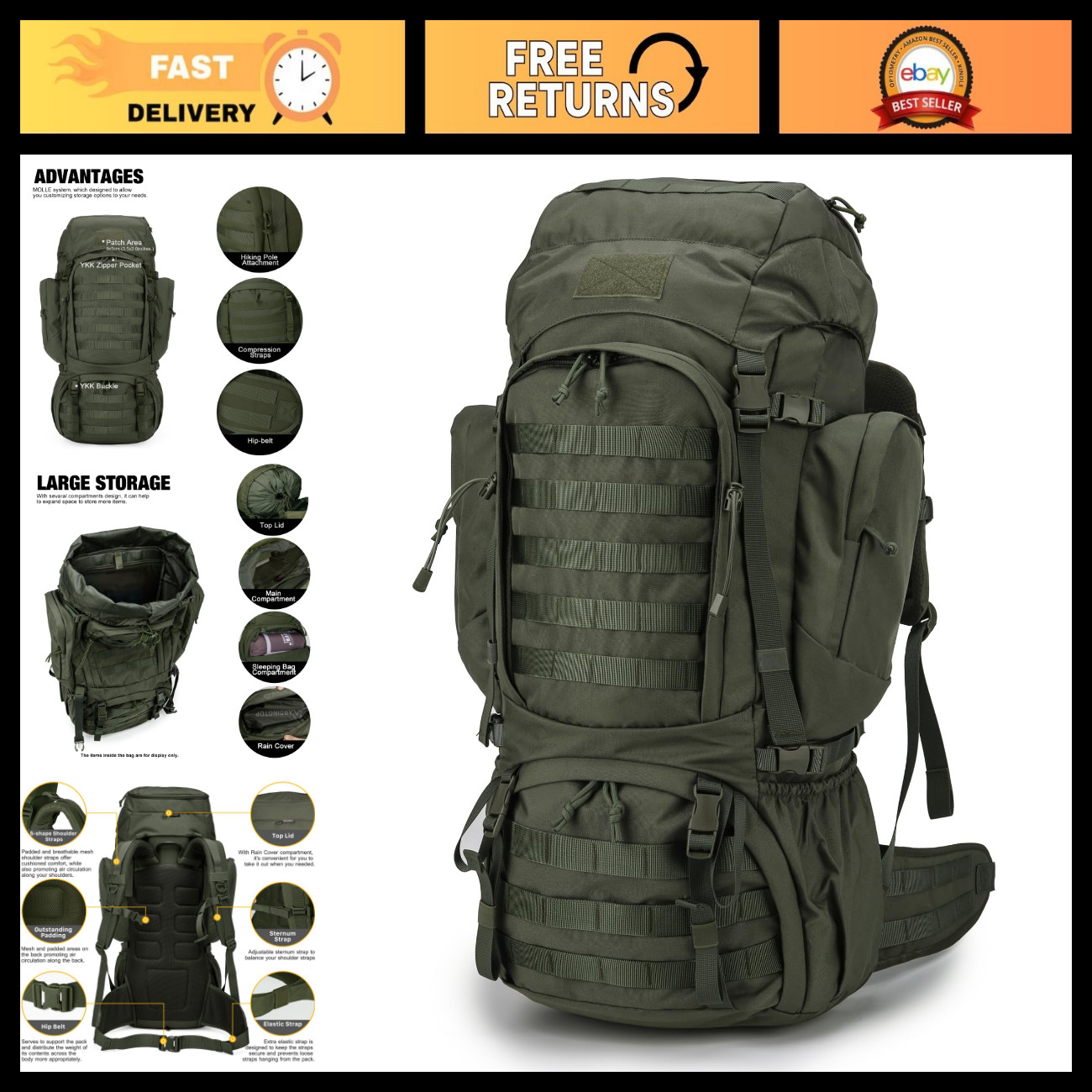 60L Military Internal Frame Backpack, Waterproof Hiking Rucksack, Outdoor Gear