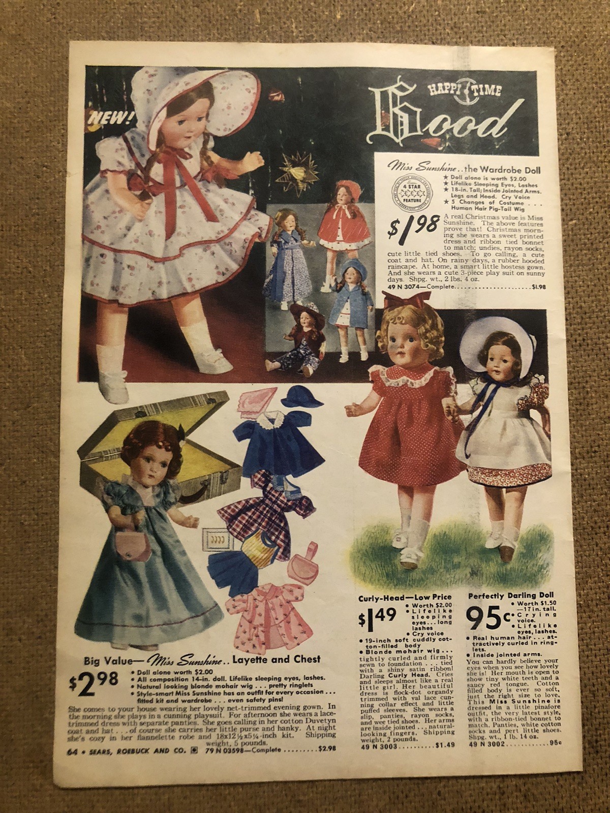 VTG RARE 1940’s Christmas Sears Catalog Page Ad Toy Dolls Miss Sunshine