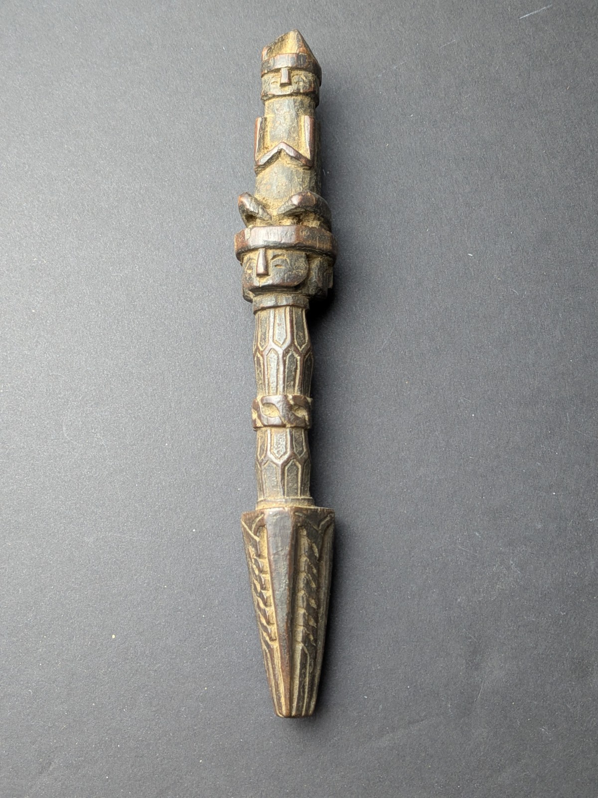 Antique 3 Face Hand-Carved Wooden Phurba Nepal Dhyangro Drum Handle Antique 3 Face Hand-Carved Wooden Phurba Nepal Dhyangro Drum Handle