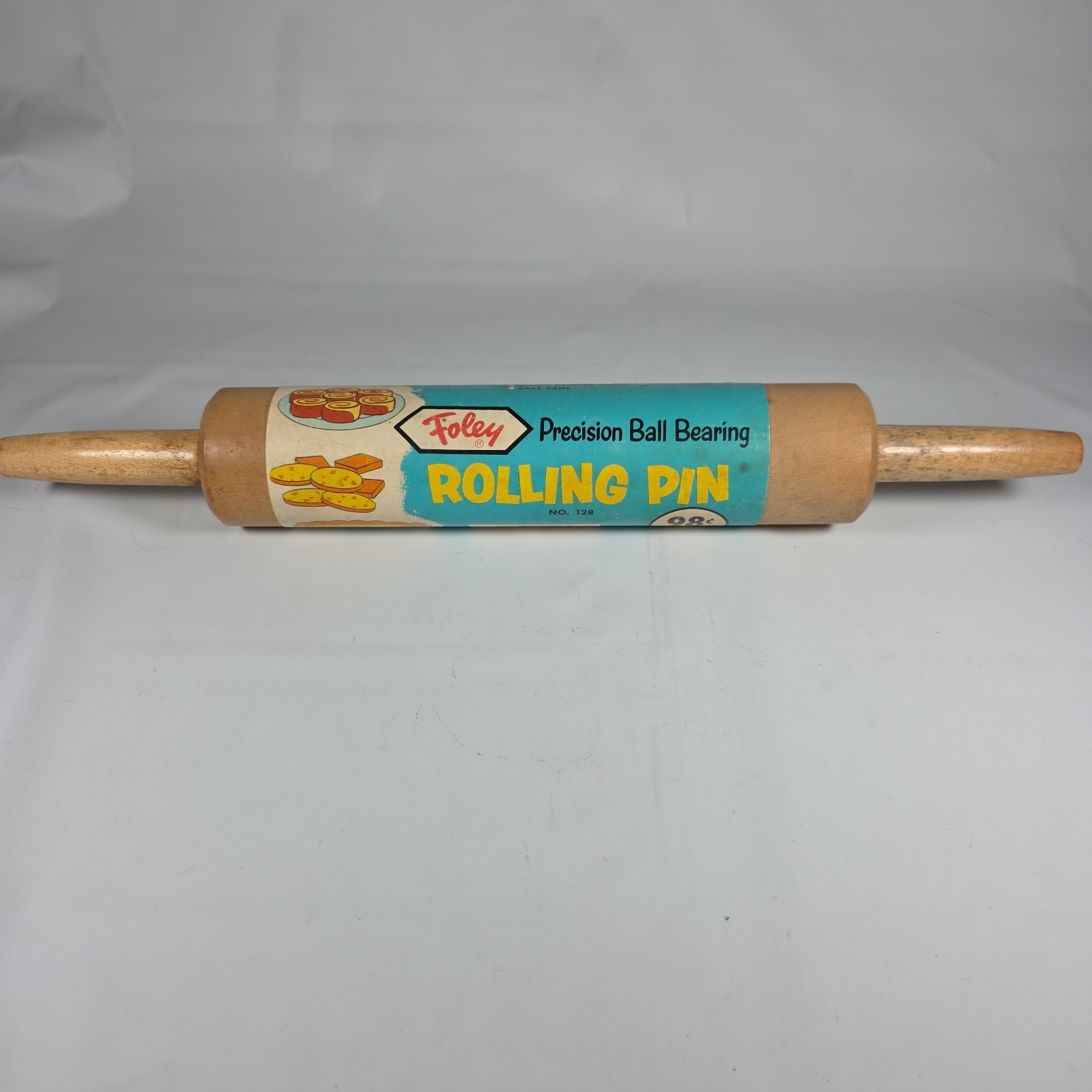 Vtg Foley Wooden Rolling Pin Precision Ball Bearing Original Paper Sleeve Tag