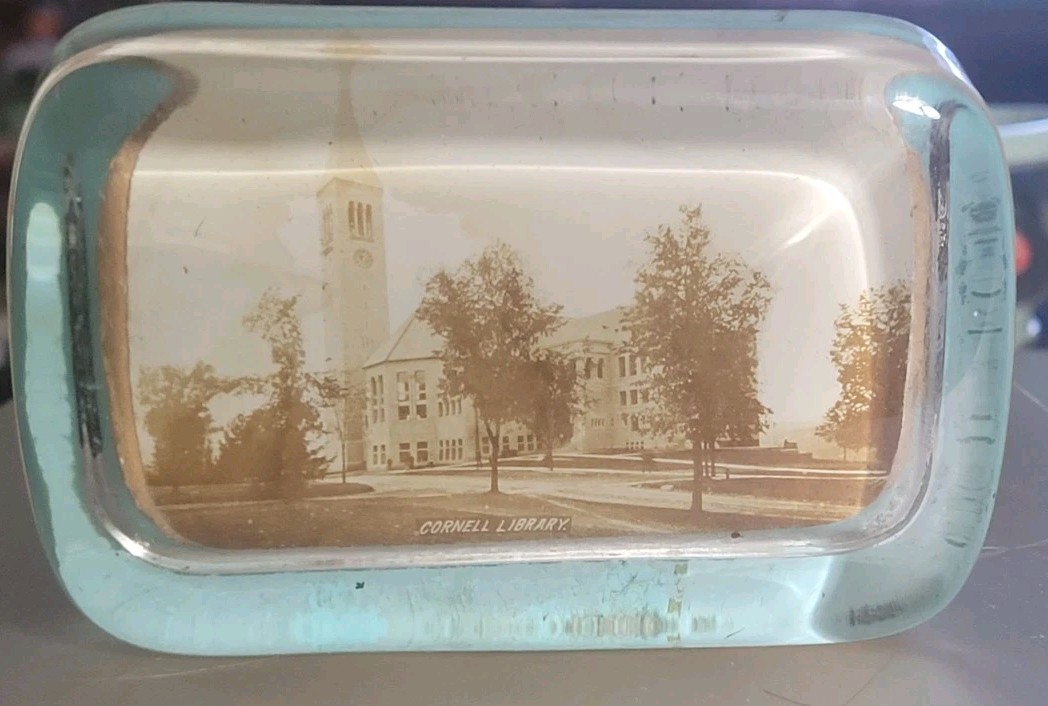 Antique Souvenir Glass Photo Paperweight Cornell University Library Ithaca NY