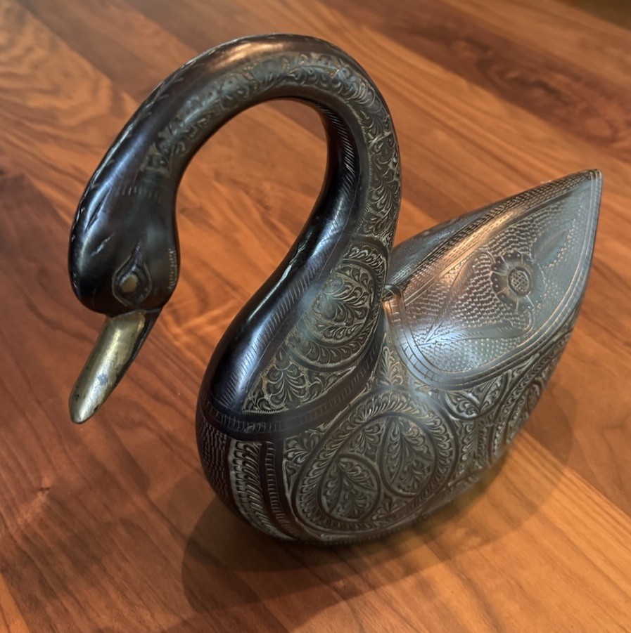 Vintage Ornate Hand Engraved Brass Swan Black Enamel Buta Paisley 11.5”